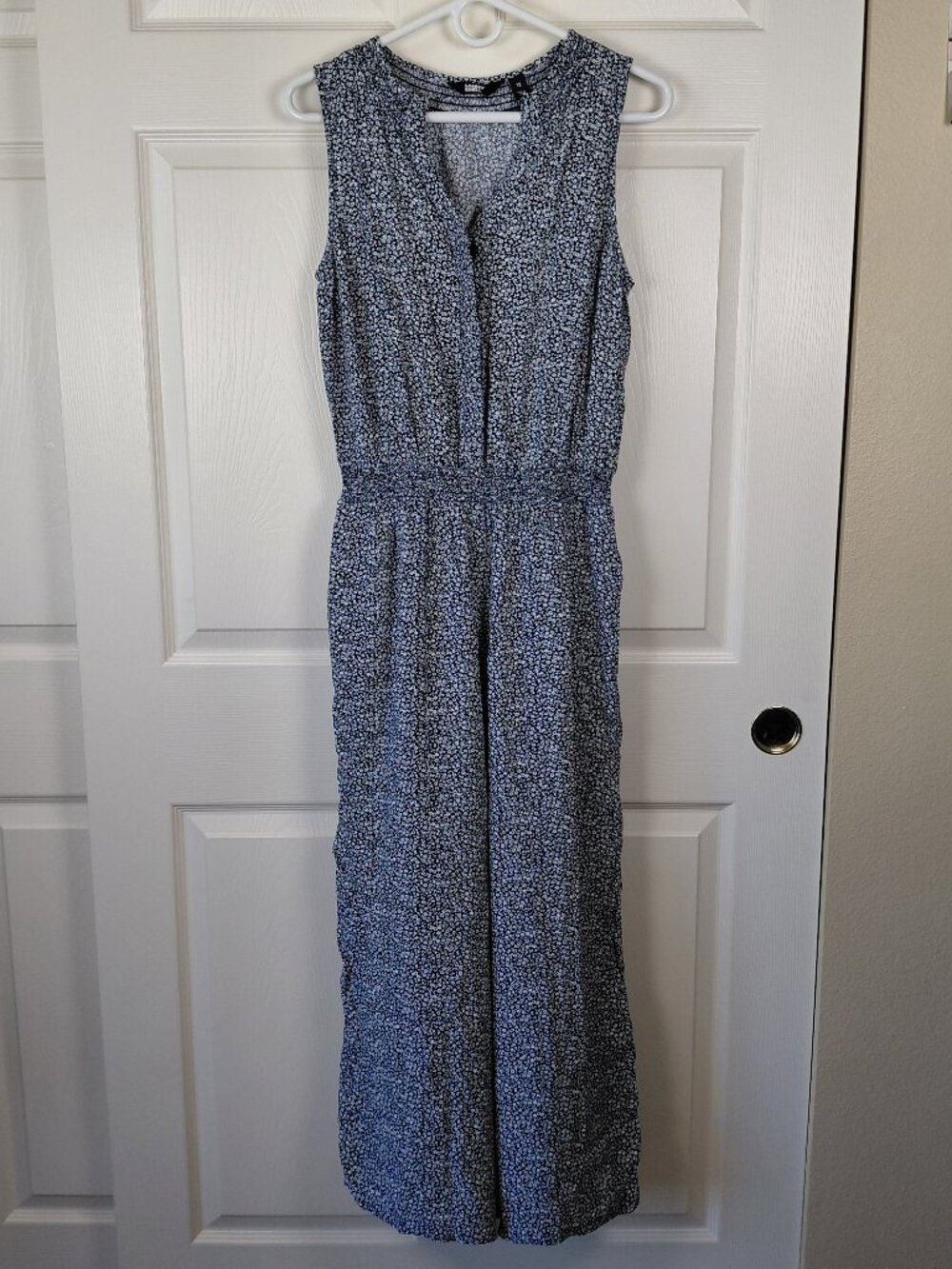 Lands End Navy Ditsy Floral Sleeveless Crop Wide Leg Jumpsuit Romper Size 12